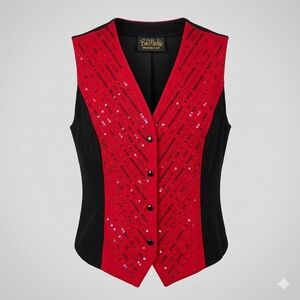 Bob Mackie Wearable Art Sequin Vest XL Black Red Buckle Back Top Womens Holiday